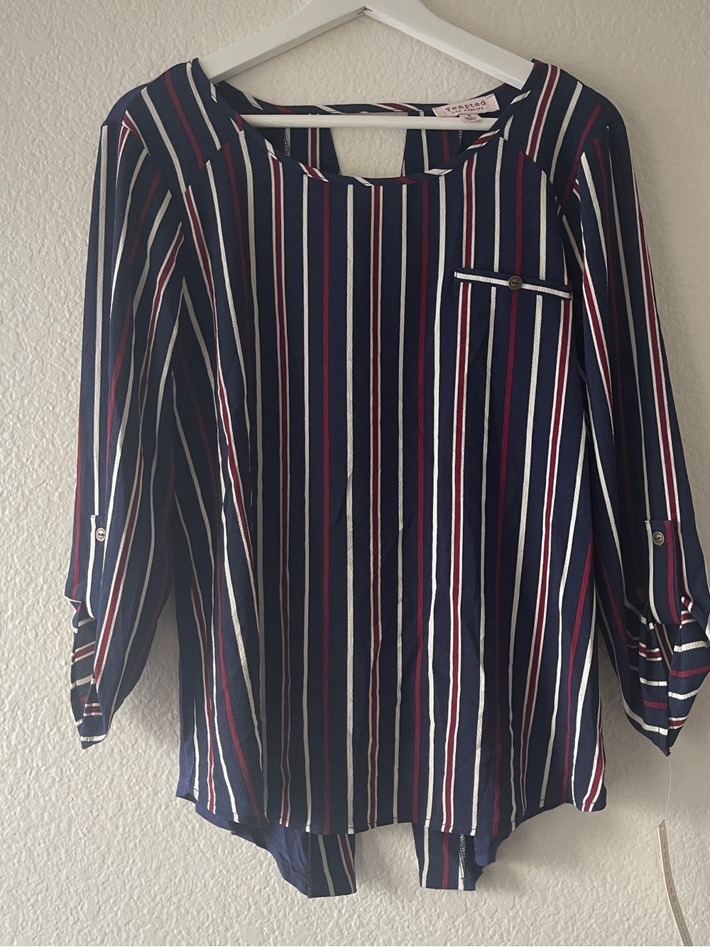 Tempted Los Angeles Striped Navy Women’s Blouse with Roll-Tab Sleeves